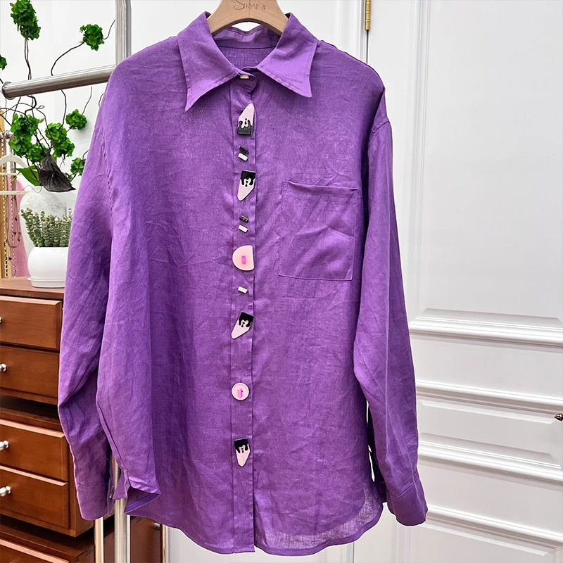 55CS3525创意纽扣长袖轻薄透气时尚衬衫宽松洋气休闲纯色外套女装