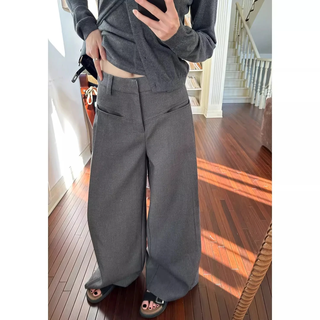 叠褶腰贴西裤女初春百搭阔腿垂感拖地裤宽松显瘦高腰灰色休闲长裤