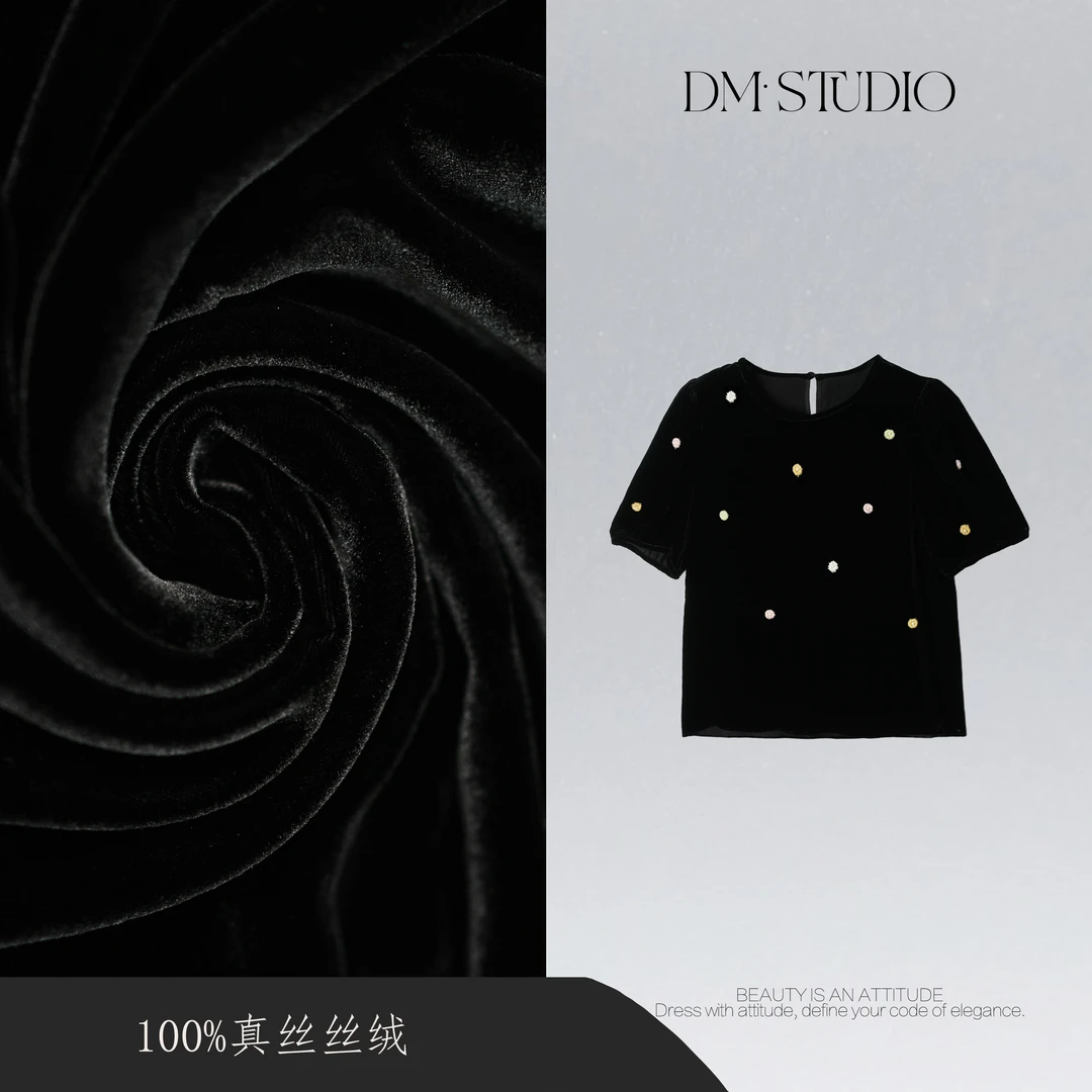 •STUDIO/小众减龄复古100%真丝丝绒圆领短袖上衣2505TX/2632