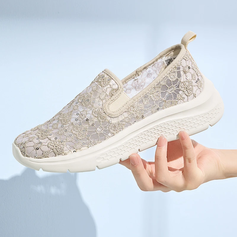 Tt&Mm/汤姆斯女鞋2025夏季新款蕾丝布鞋一脚蹬厚底松糕网面单鞋