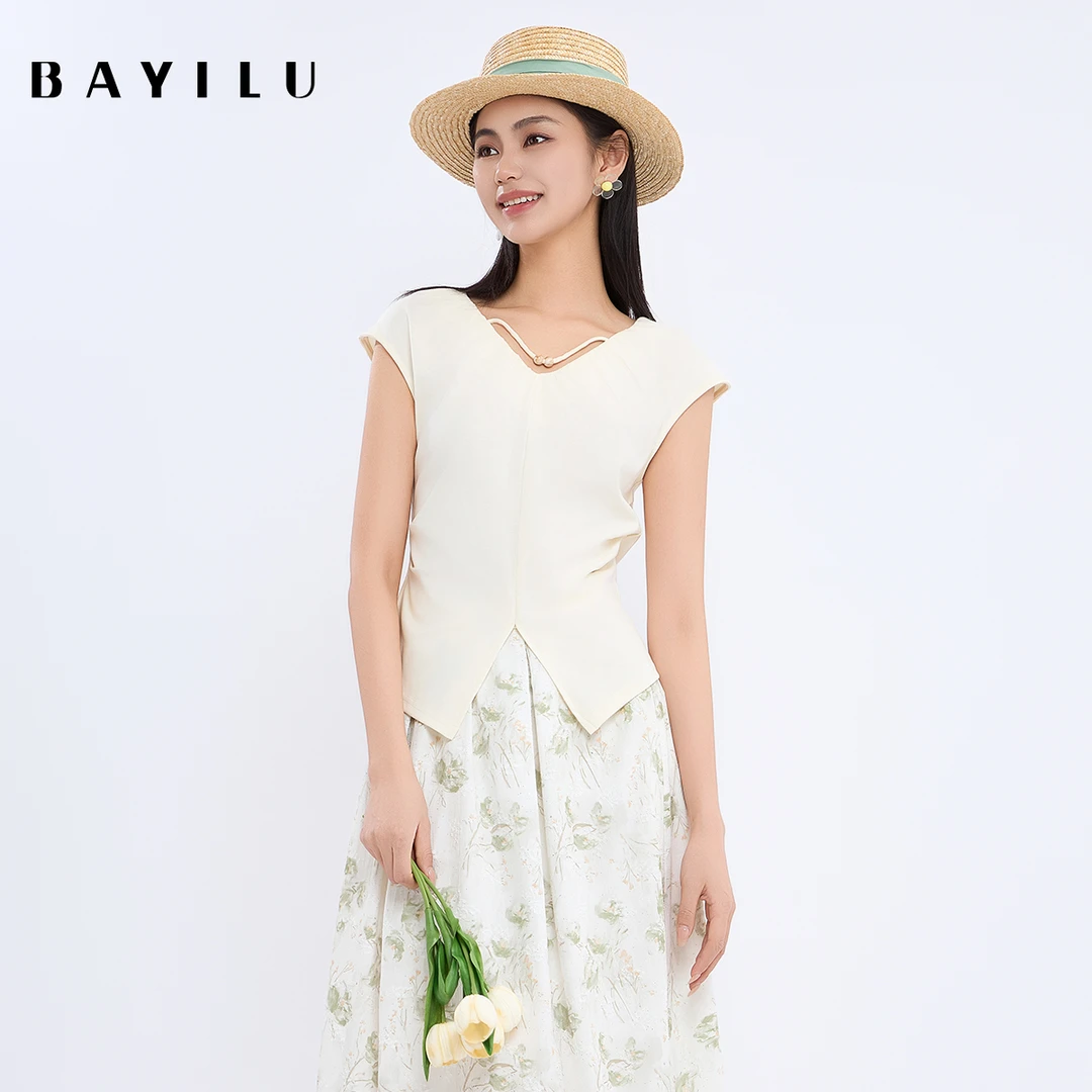 【多金】芭依璐夏季T恤女法式褶皱开叉设计感95Z1110Z