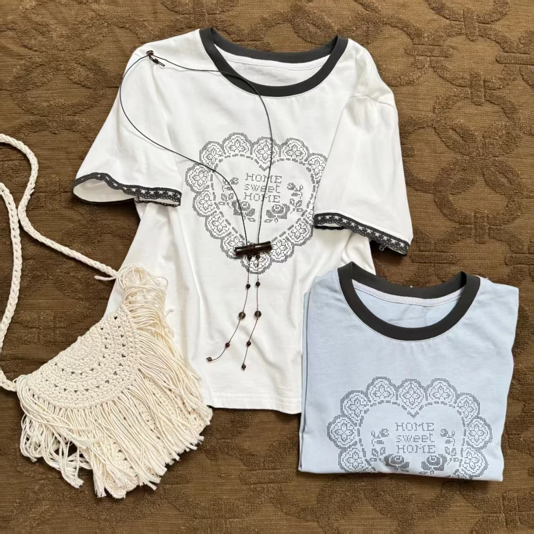 韩系甜阔蕾丝爱心T恤...