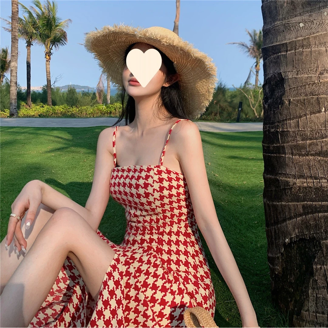 大卖小个子法式设计感开叉千鸟格吊带裙2025夏季气质轻熟风连衣裙