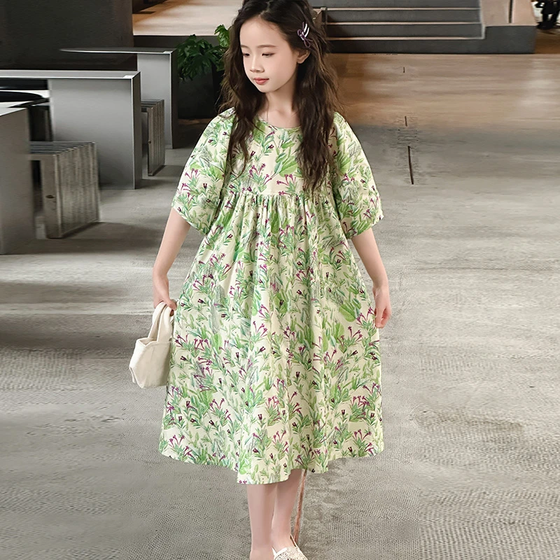 女童纯棉连衣裙夏季6-12岁树叶印花棉布裙显瘦气质时尚15岁小清新