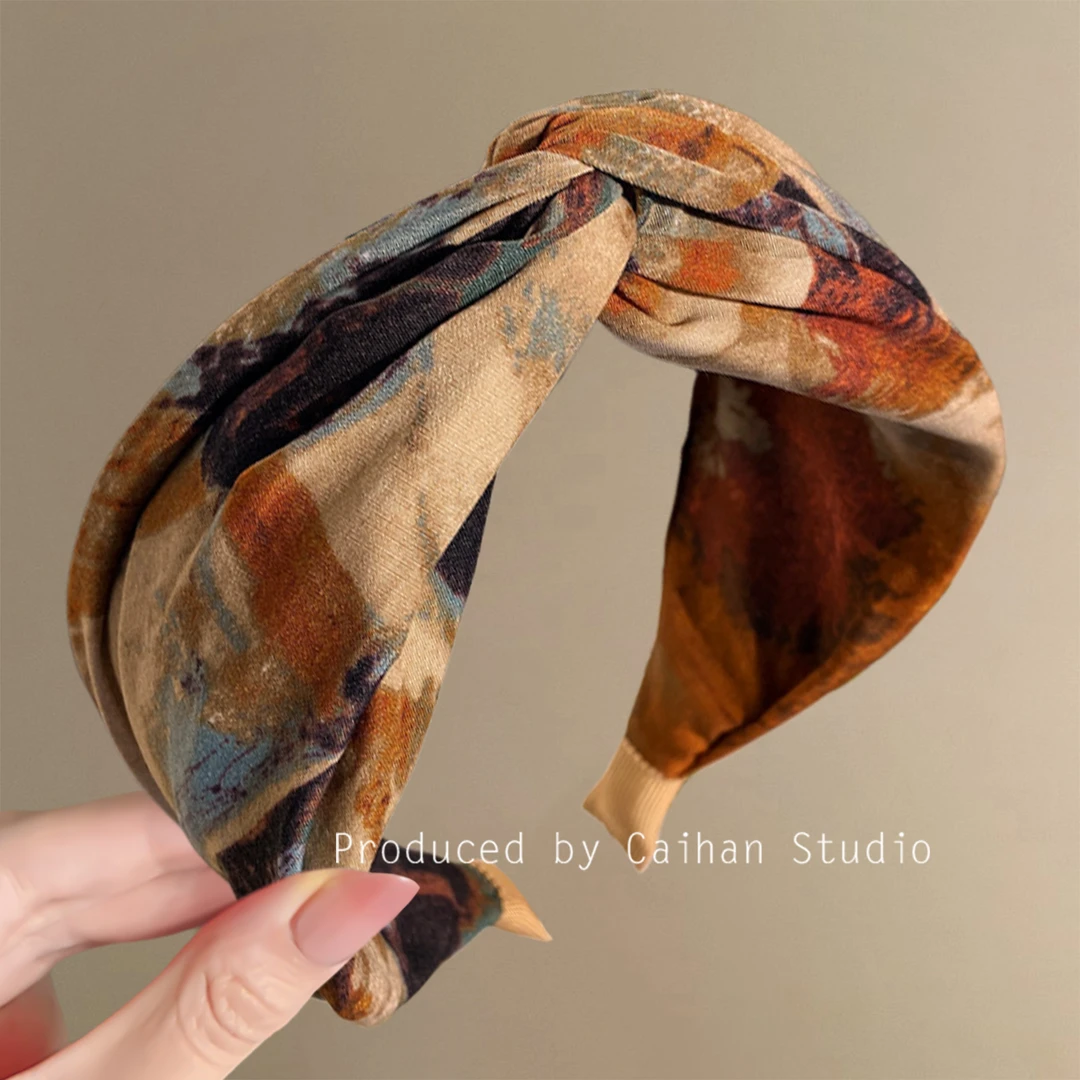 枫眠枕秋~复古油画扎染发箍女2025新款气质交叉高颅顶头箍盘发器