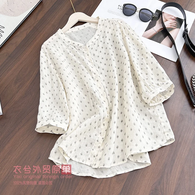（文艺波点苎麻小衫）8509夏季新款复古圆领单排扣宽松百搭小衫Z