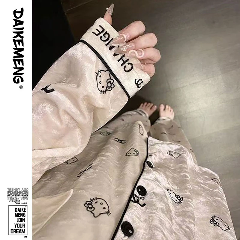 KT猫金丝绒睡衣女春秋款长袖可爱卡通印花休闲可外穿家居服两件套
