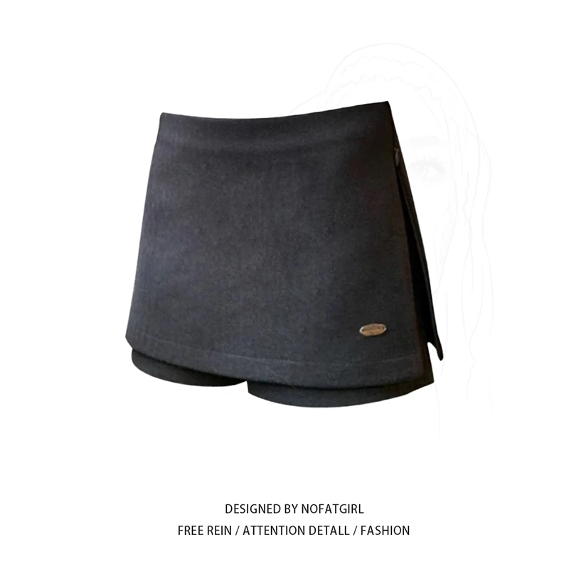 韩系时尚假两件毛呢半身裙女ins早春新款复古百搭侧拉链包臀裤裙