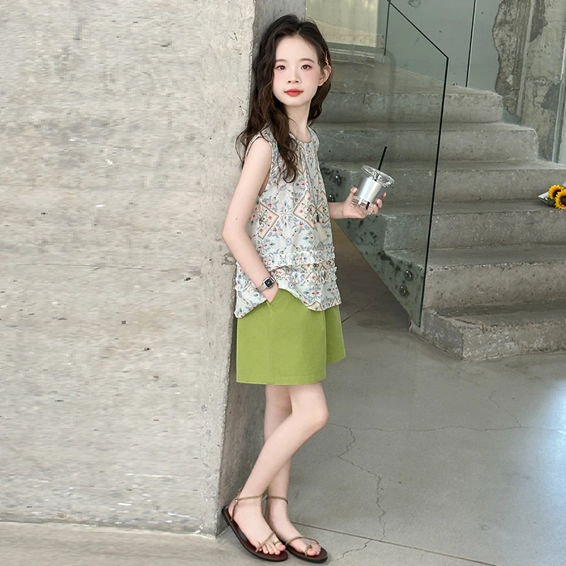 女童提花背心短裤套装2025新款度假风碎花无袖娃娃衫休闲两件套夏