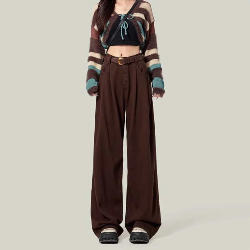 深棕色高腰阔腿牛仔裤女2025秋季新款垂感显瘦宽松休闲直筒拖地裤