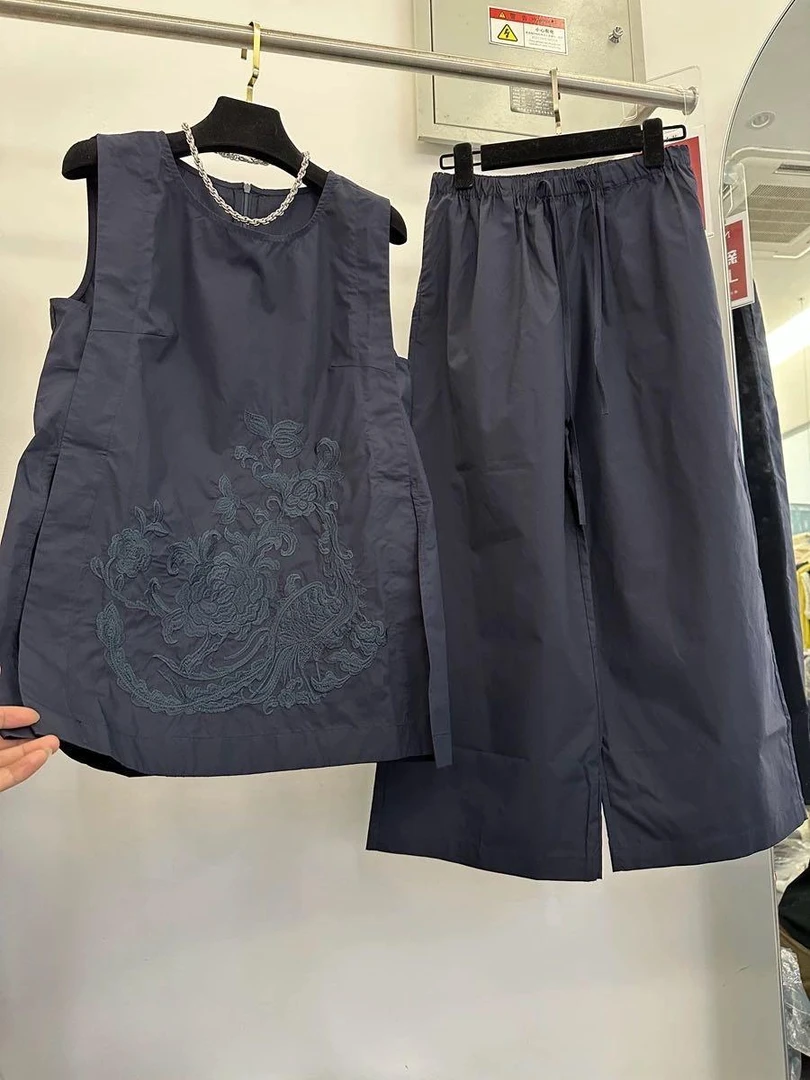 高端重工刺绣上衣阔腿裤时尚套装85221