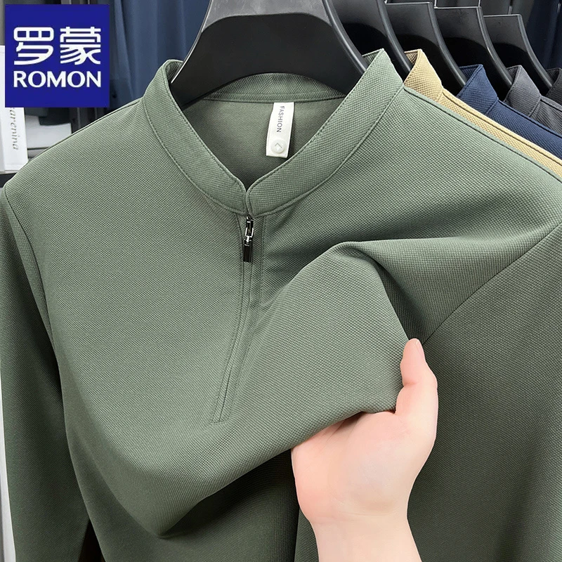 罗蒙半高拉链领长袖T恤商务休闲纯色高档春秋季宽松打底体恤衫男