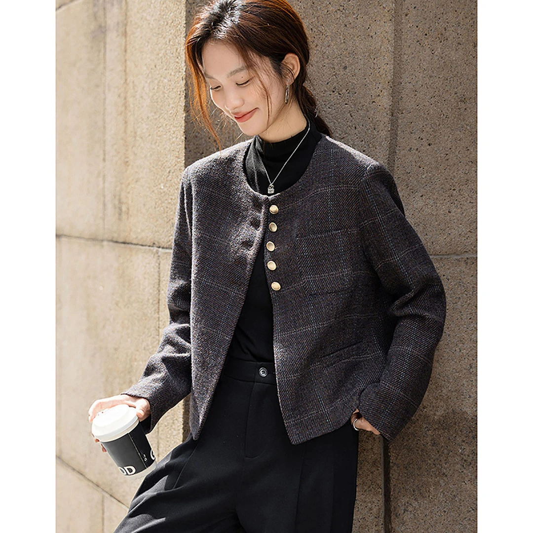 王小鸭含绵羊毛2025秋冬复古简约圆领格纹宽松小个子女士时尚外套