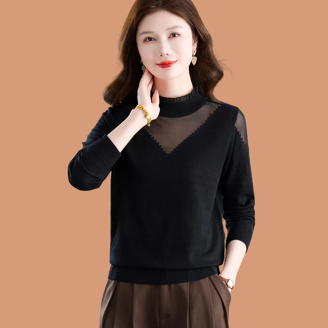 羊毛针织打底衫长袖t恤女2025秋装新款洋气中年妈妈蕾丝薄T上衣