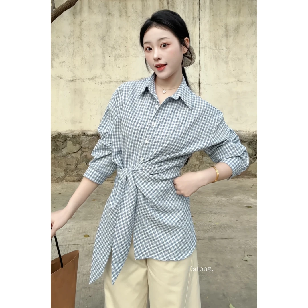 【Datong】气质绑带收腰烫钻格子设计感小众休闲长袖衬衫