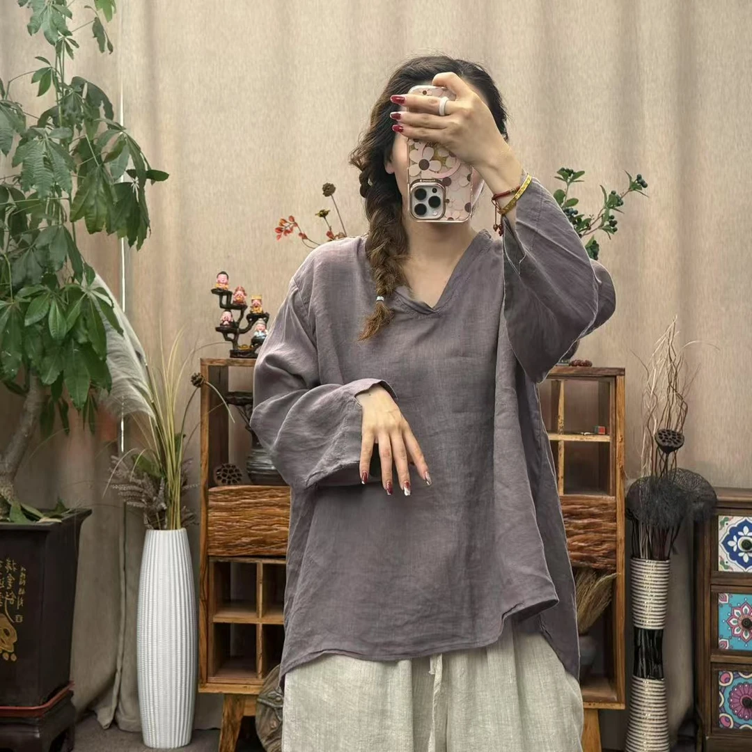 花璟与麻原创复古做旧V领前短后长上衣（衣长64-72胸围136）