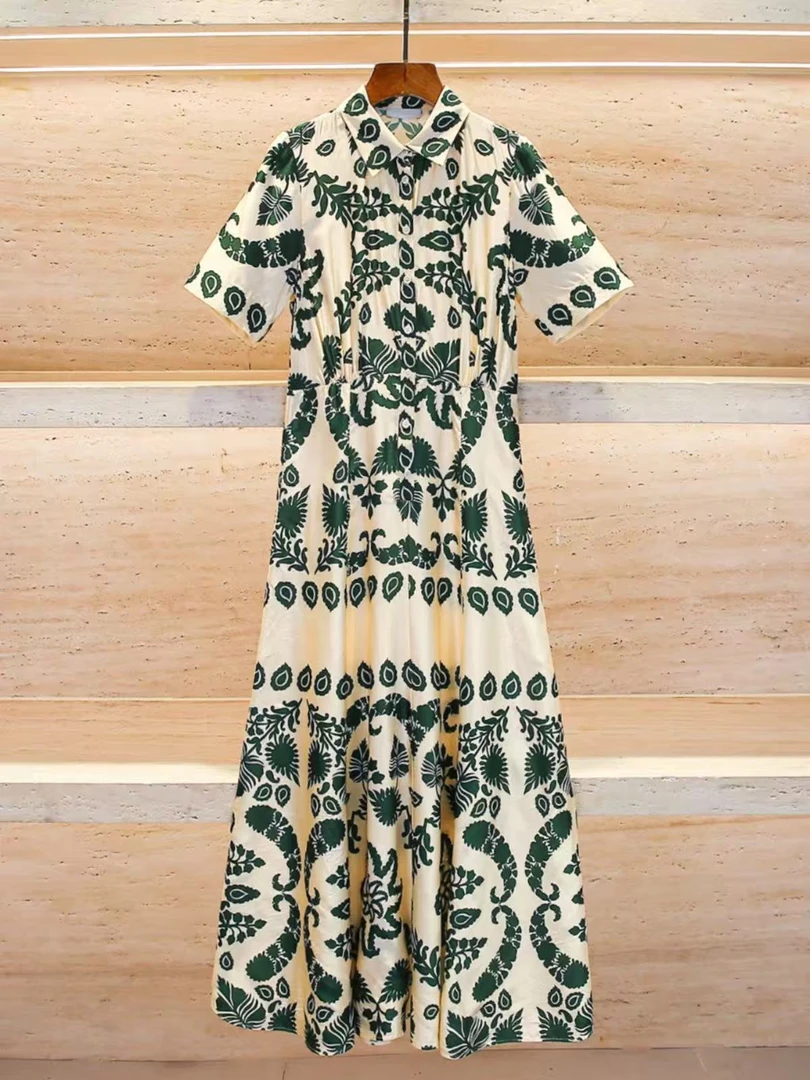 【墨叶碎花】印花翻领连衣裙复古印花收腰裙收腰碎花夏季宫廷风