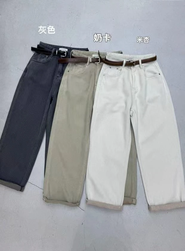 T台翻裤脚细腰带显瘦素洗阔腿裤 52509（福福）