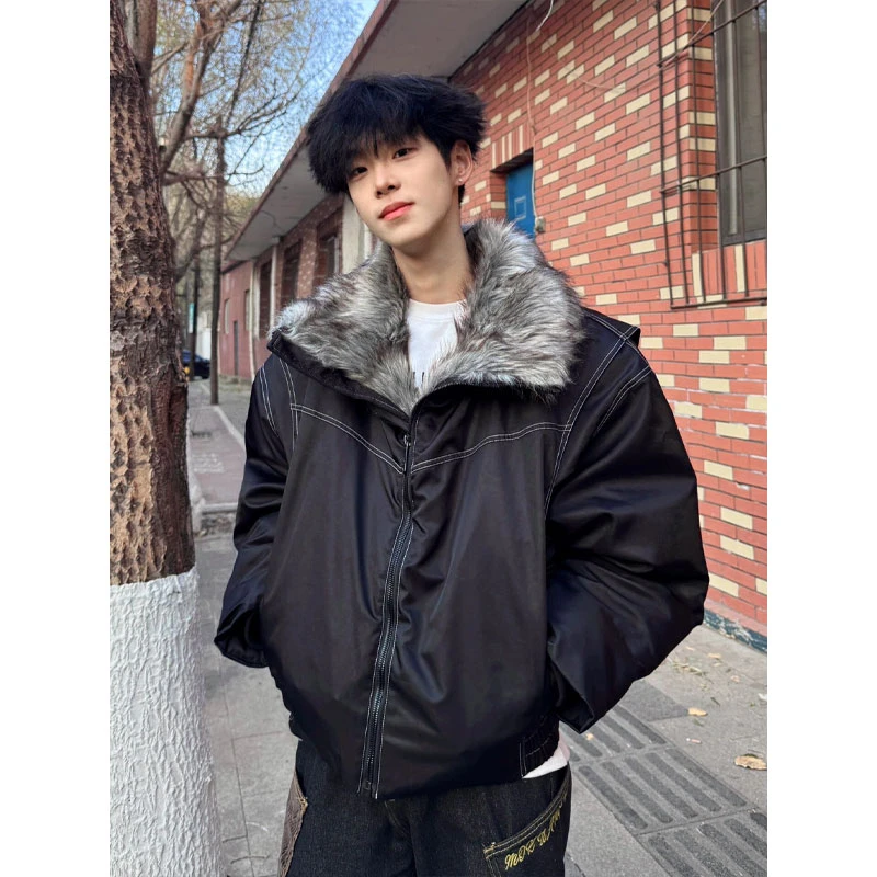 黑色座山雕毛领棉衣男冬季cleanfit美式复古加绒保暖重磅棉服外套