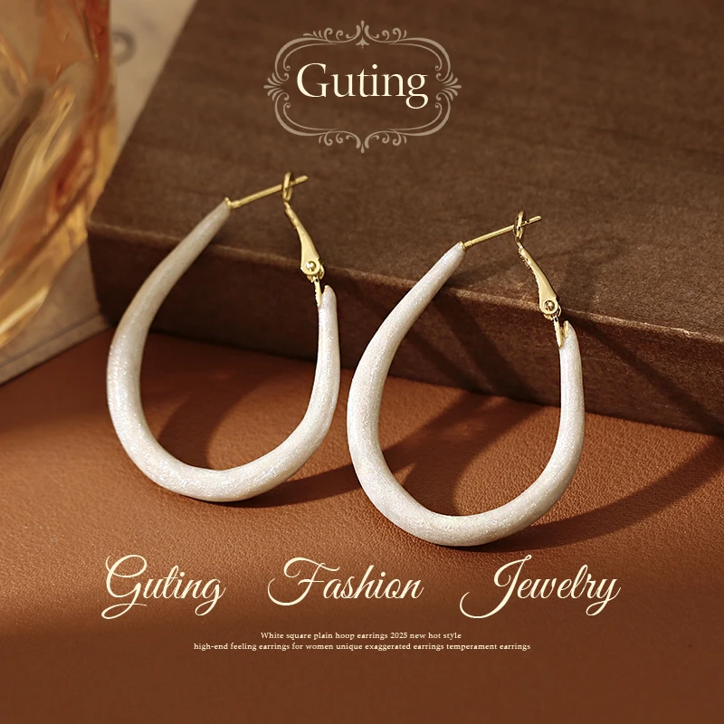 铜合金耳饰 21360纯手工滴油白色耳环女大气耳圈椭圆耳饰品耳钉