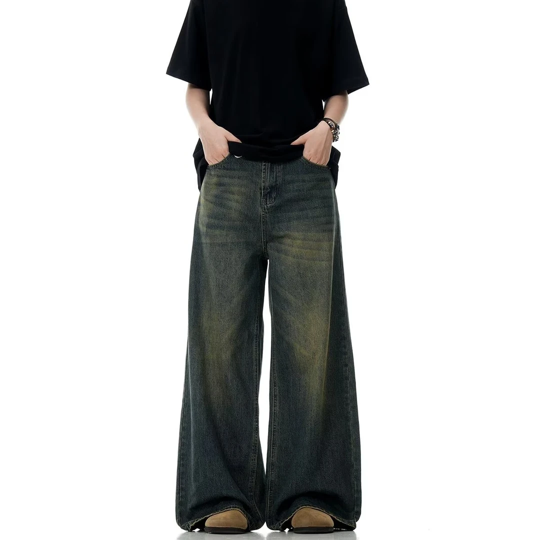怀旧复古阔腿牛仔裤2025春季新款高腰宽松显瘦垂感直筒拖地长裤