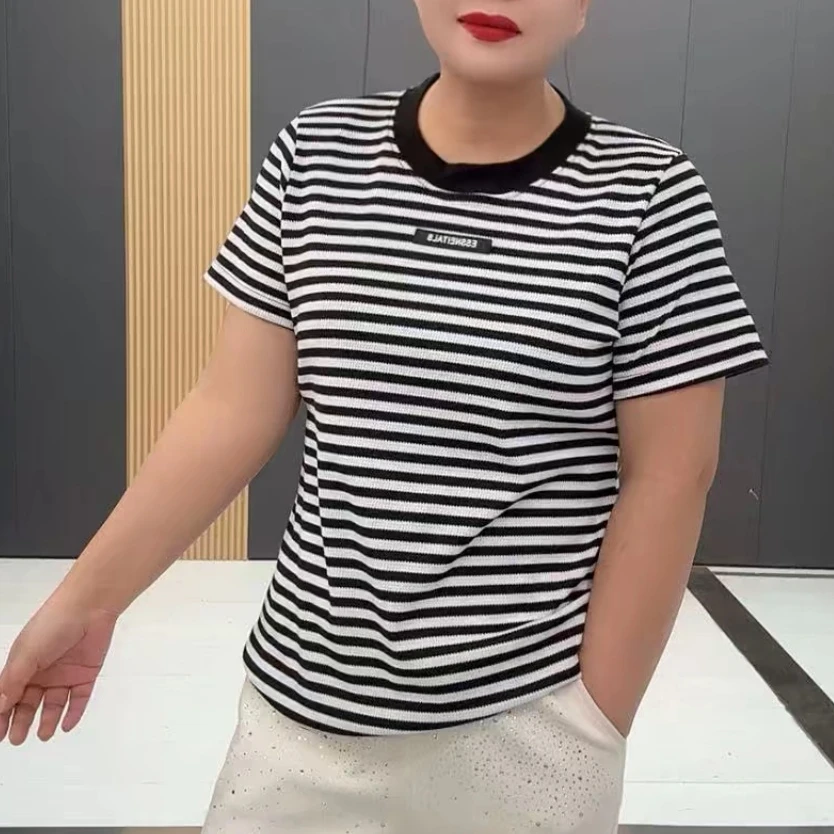 梦梦家70331款时尚洋气显瘦圆领条纹半袖衫