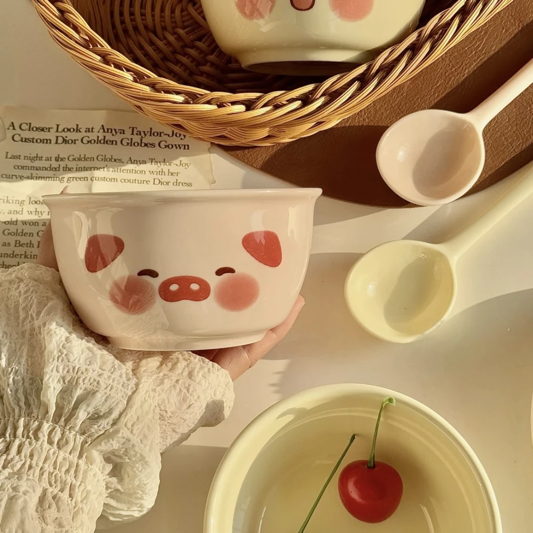 【四件套】奶fufu小猪小狗陶瓷米饭碗耐高温釉下彩家用饭碗甜品