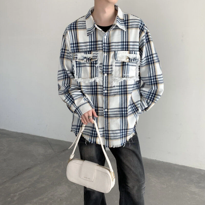 早春新款水洗流苏破坏格子衬衫男女长袖衬衣复古磨毛Cleanfit外套