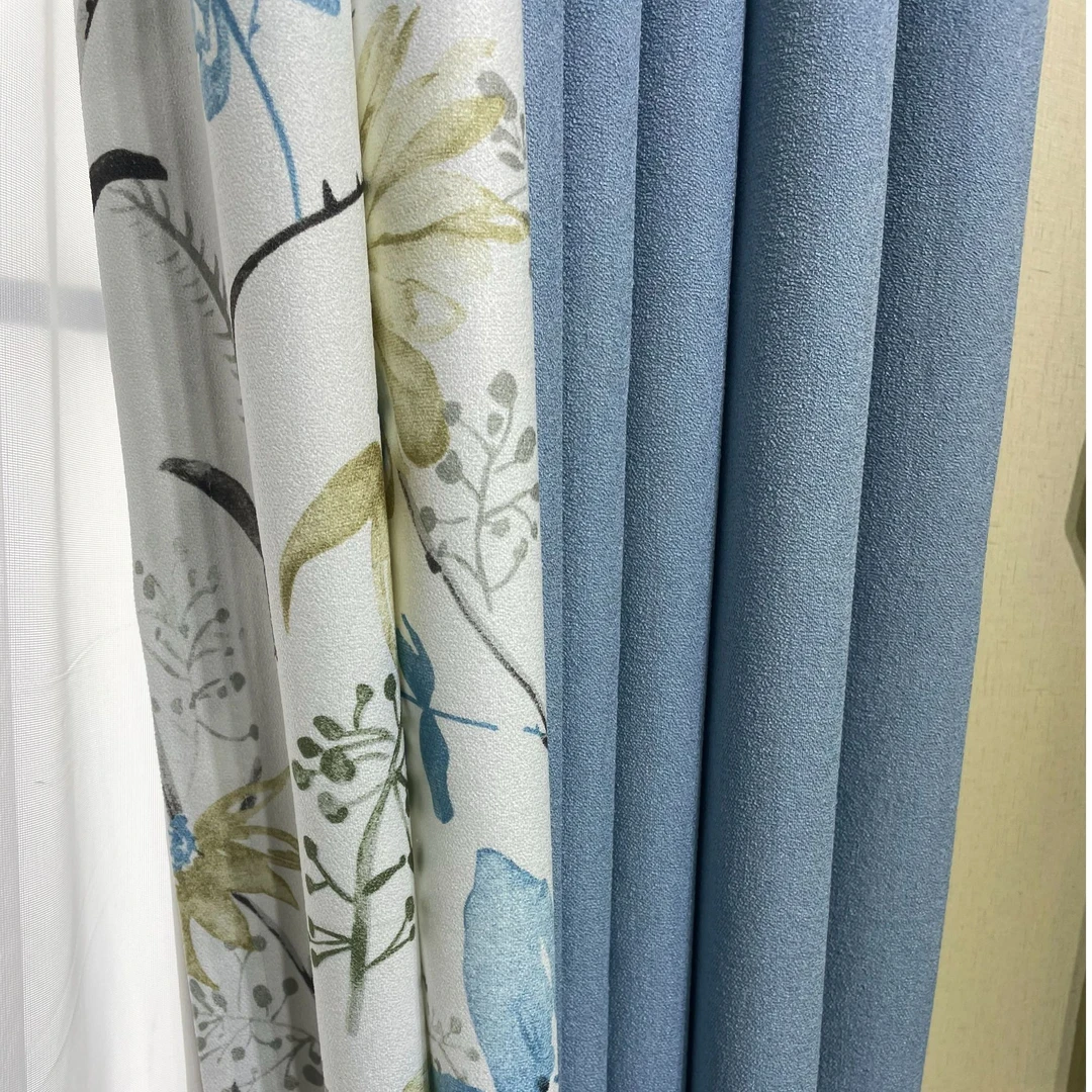样品处理(4对开*2.7高)-棉麻蓝色拼接浅色印花布窗帘