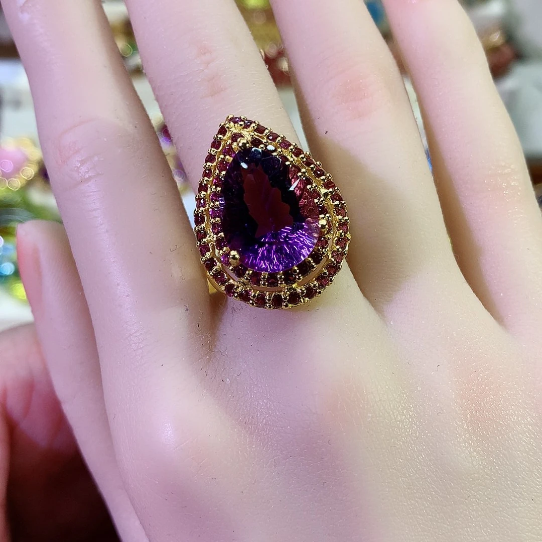紫晶戒指银S925镀金镶嵌