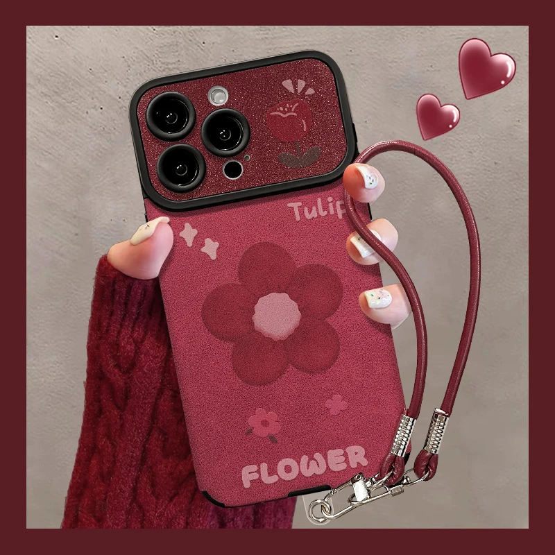 酒红小花适用苹果17华为vivo/oppo小米iPhone16大视窗贴皮手机壳