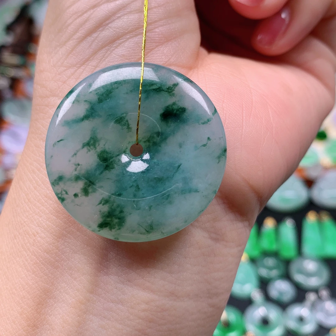 缅甸天然A货翡翠，飘花平安扣，编号148/1212尺33.4-5.8