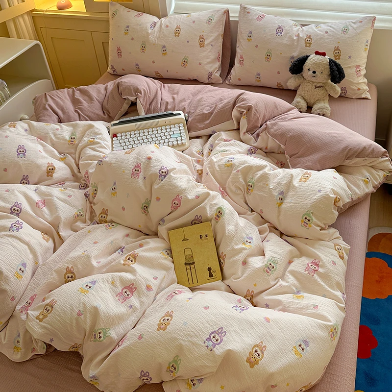 ins风卡通可爱拉布布水洗棉双层纱四件套宿舍寝室被套床单三件套