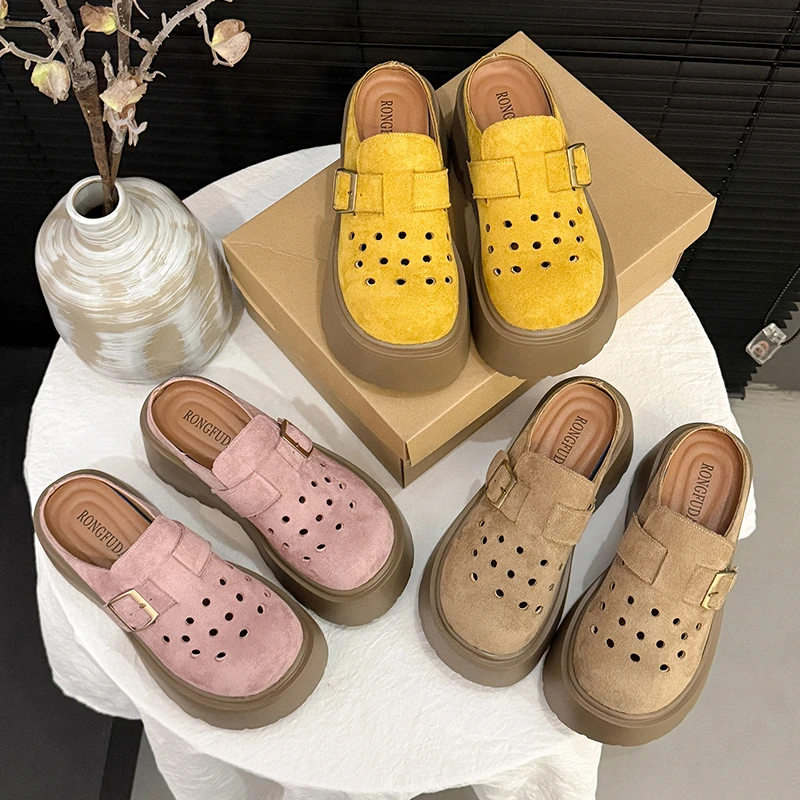 松糕厚底洞洞勃肯鞋女2025新款春夏季增高一脚蹬包头半拖鞋女外穿