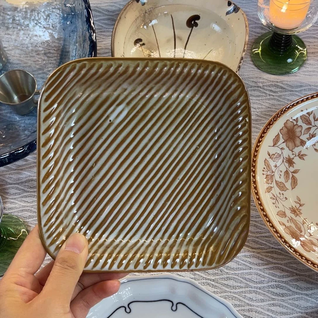 瓷片粗陶线条饼干盘子35