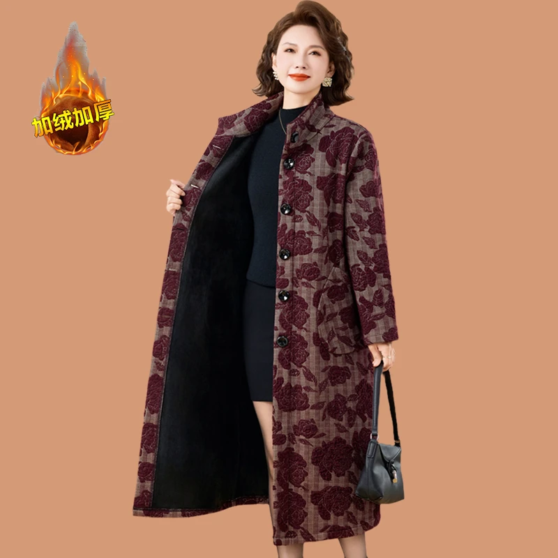 妈妈装秋冬加绒加厚中长款风衣外套中老年女冬装时尚气质保暖大衣