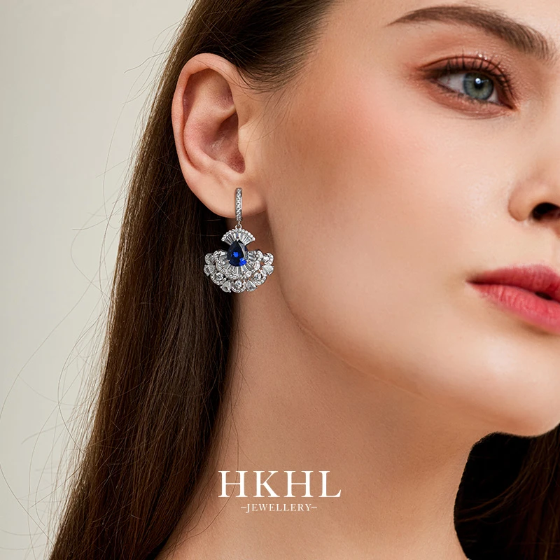 HKHL 培育蓝宝石S925银蓝裙子耳环女轻奢高级感中款耳坠耳钉礼物