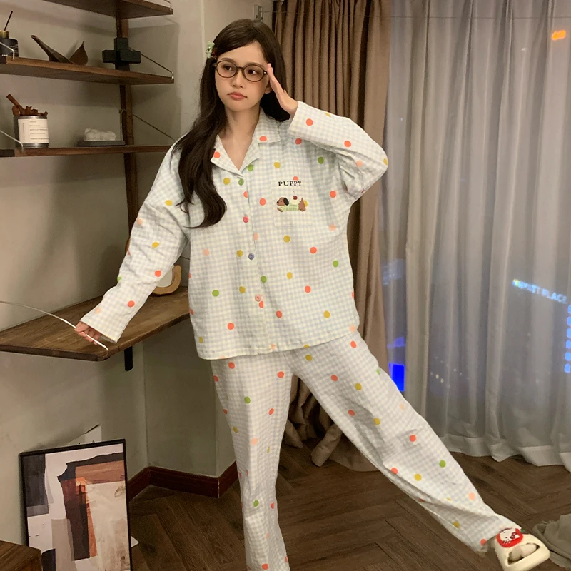芯语婷春秋季新款蓝格彩色波点小狗女士睡衣冬季长袖家居服可外穿
