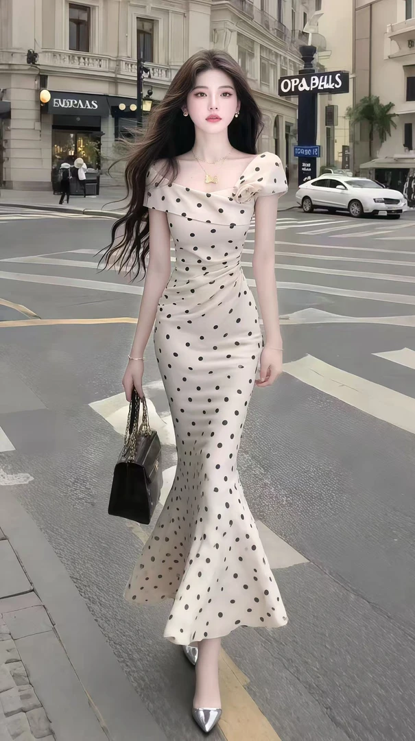 法式温柔风杏色修身不规则领型收腰包臀波点连衣裙女高腰鱼尾长裙