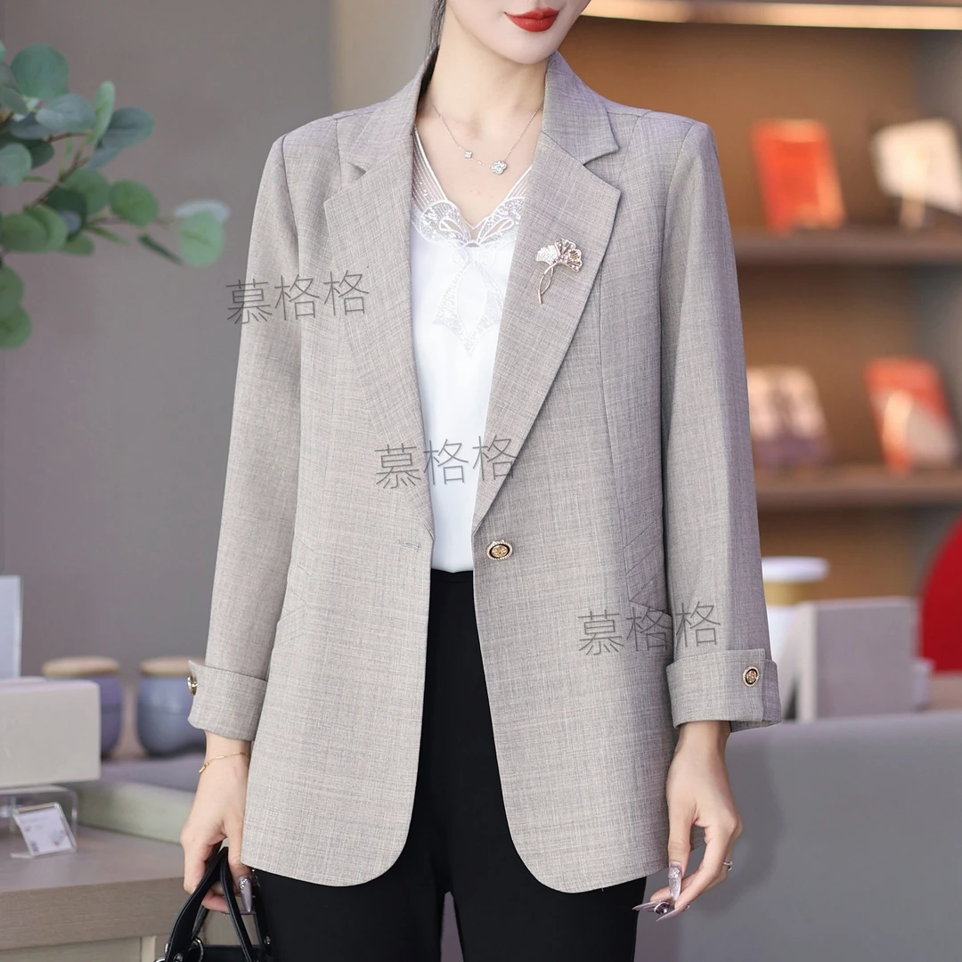 慕格格｜818.秋款新款大码麻料西服遮肉显瘦防晒女装外套[衣长70]