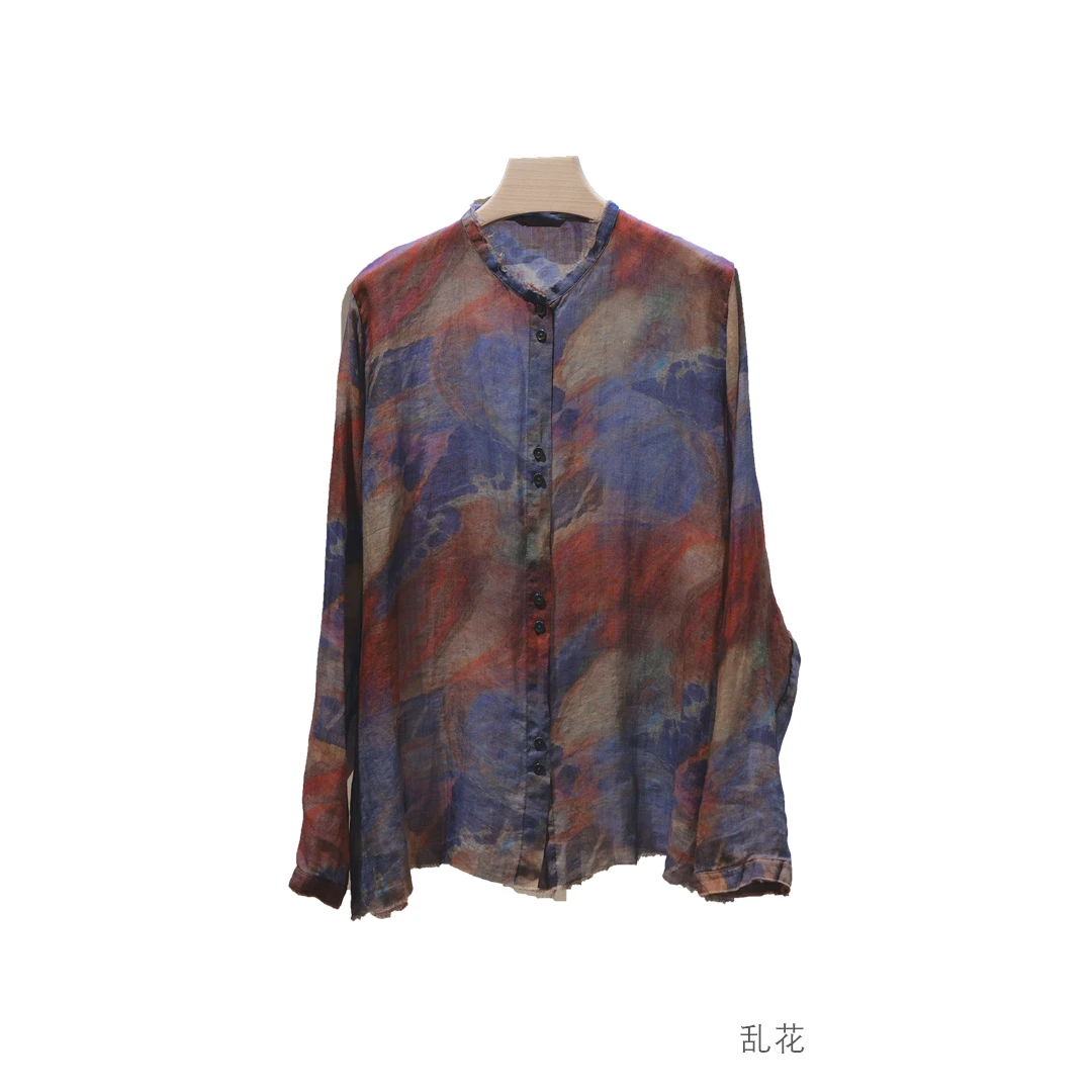 【7折款】左岸迷香 Z21FW1041 原创小众春夏复古亚麻毛边印花衬衫