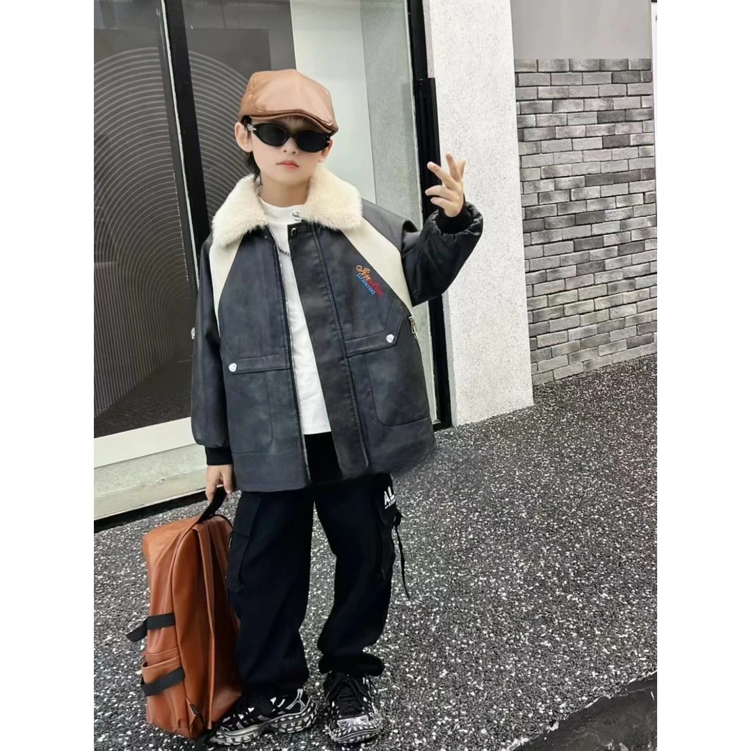 【米果妈】儿童2025秋冬新款加绒保暖水洗皮衣B5042