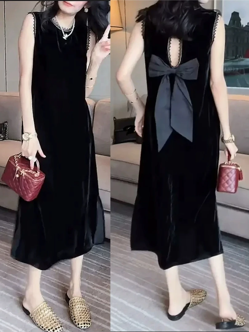 真丝丝绒无袖减龄显瘦后背拼蝴蝶结设计气质大摆连衣裙