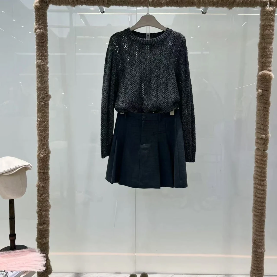 针织衫-125010112圆领长袖慵懒风镂空套头