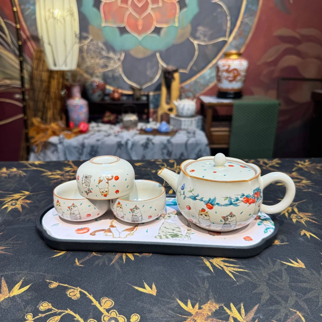 圣藏汝窑萌猫柿子壶新中式茶具可爱动物风格+杯子三只+茶盘