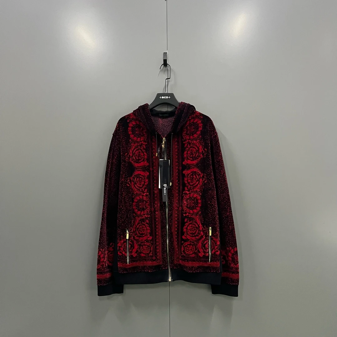 95新 VERSACE/范思哲 p 黑红花卉印花拉链帽衫 5XL码/ 101762