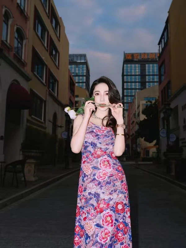 HZHJ原创设计师款   牡丹花 吊带裙 复古显瘦高级洋气奢1586