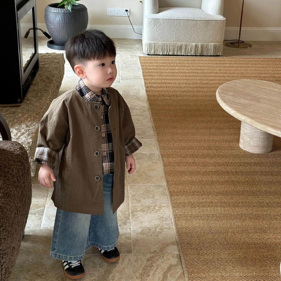 壹妈韩版童装男童复古英伦风套装时髦美拉德风格子风衣外套牛仔裤