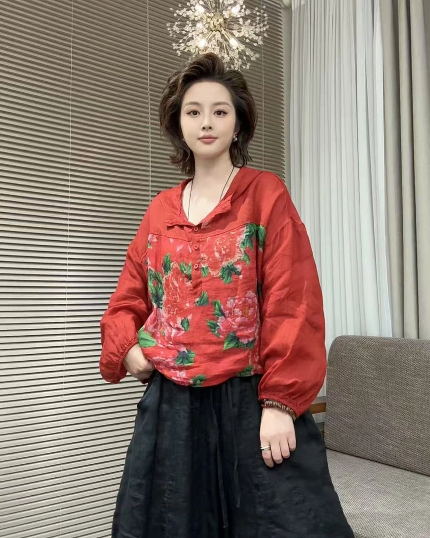 夏季休闲苎麻印花百搭连帽防晒小衫撞色短款