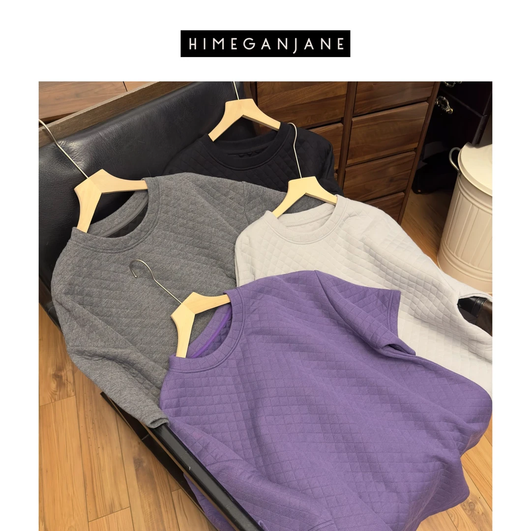 HIMEGANJANE 夹心半袖 慵懒宽松圆领菱格上衣女 250399